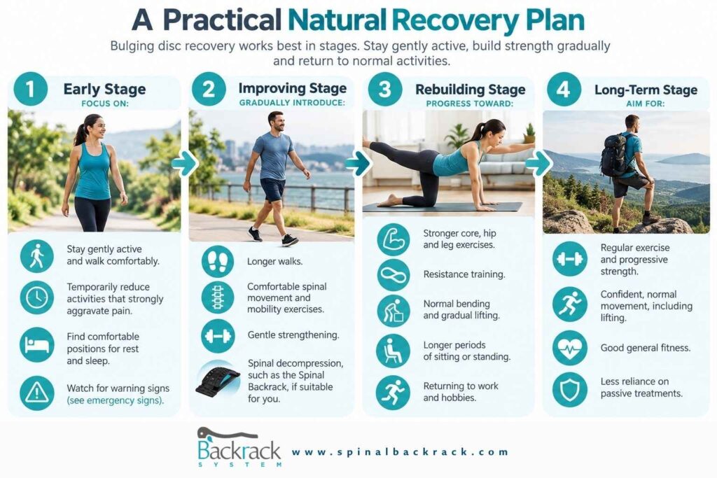 Infographic showing four stages of natural bulging disc recovery