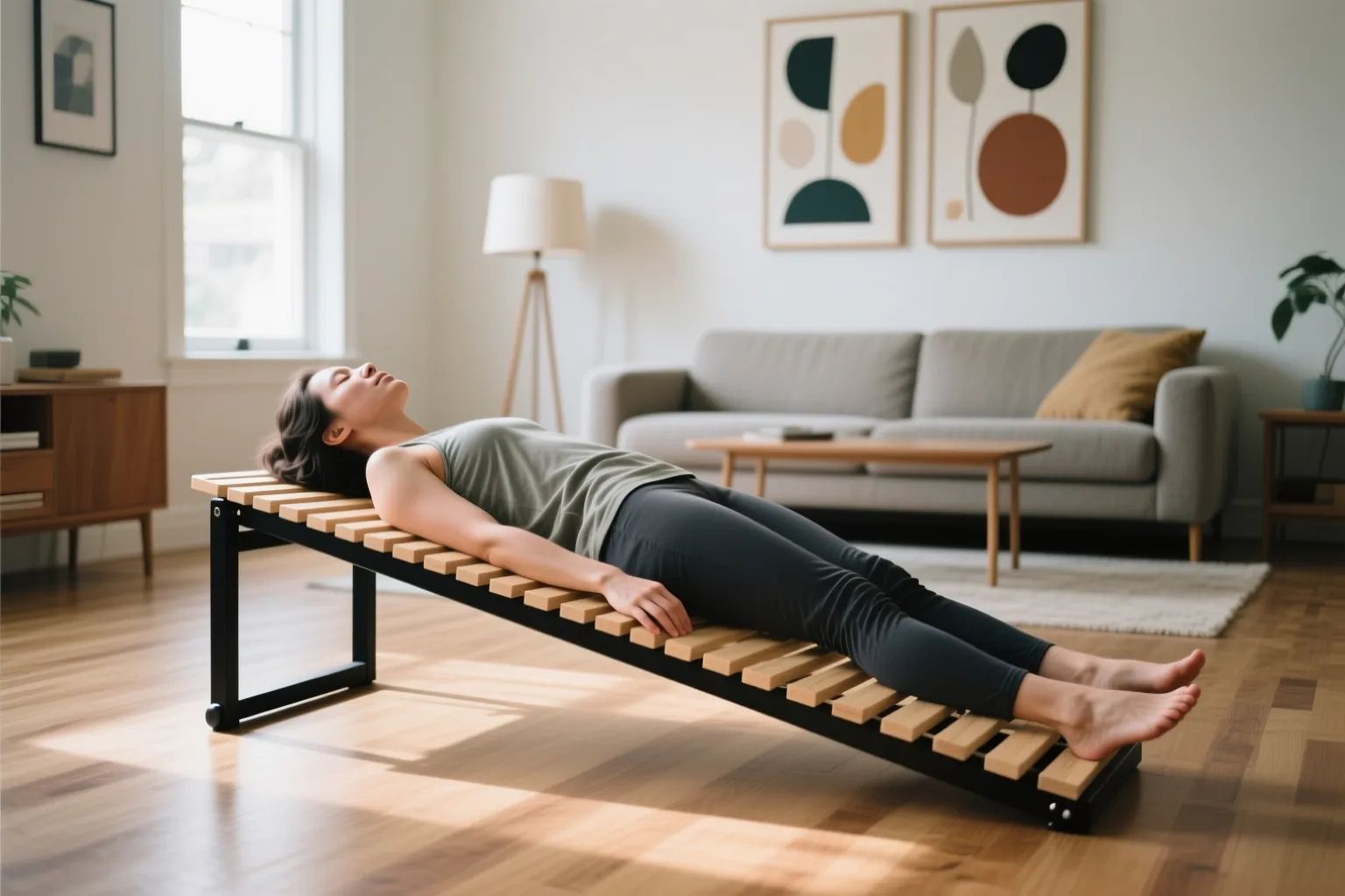 Person lying on Spinal Backrack in a modern living room, showing safe at-home spinal decompression