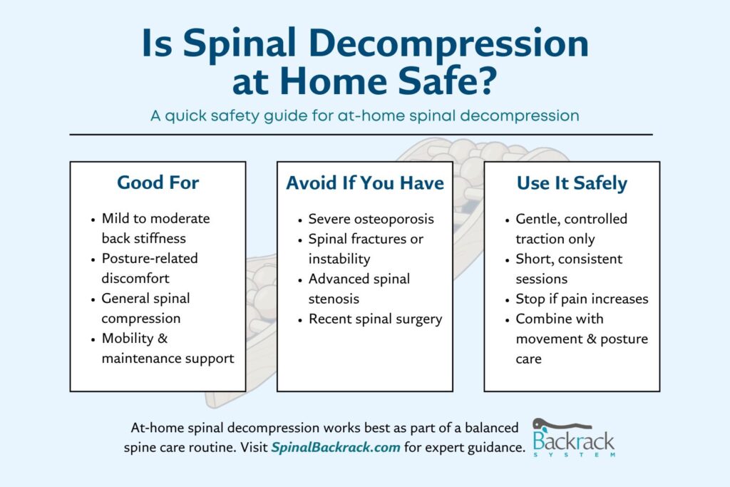 Spinal decompression at home safety infographic showing benefits, risk factors, and safe use guidelines