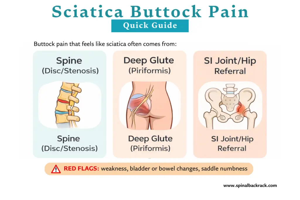 infographic showing common sources of sciatica-like buttock pain and red flags
