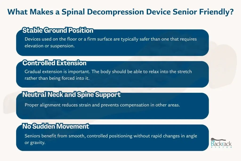 infographic showing features of a spinal decompression device for seniors