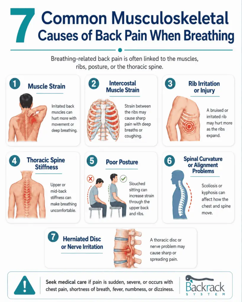 7 common musculoskeletal causes of back pain when breathing infographic - Spinal Backrack