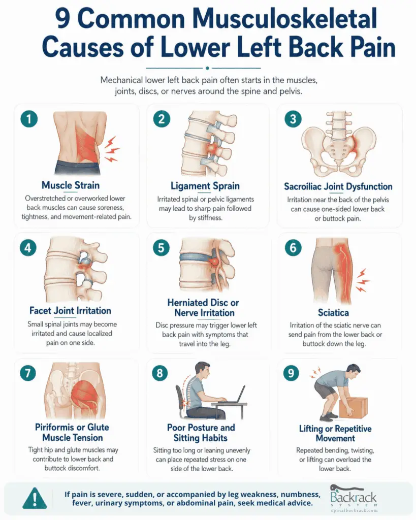 9 common musculoskeletal causes of lower left back pain infographic - Spinal Backrack